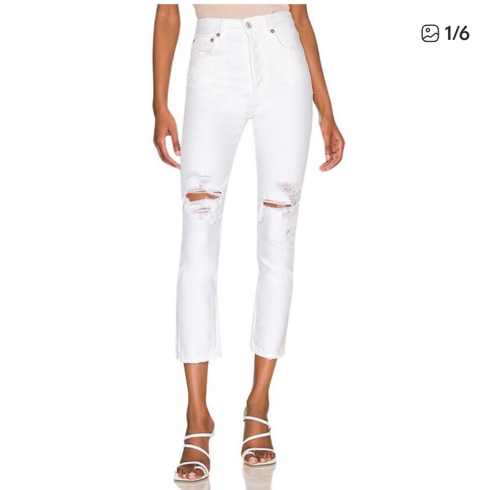 AGOLDE Riley White High Rise Distressed Button Fly Straight Crop Jeans Waist 24 - Picture 1 of 14